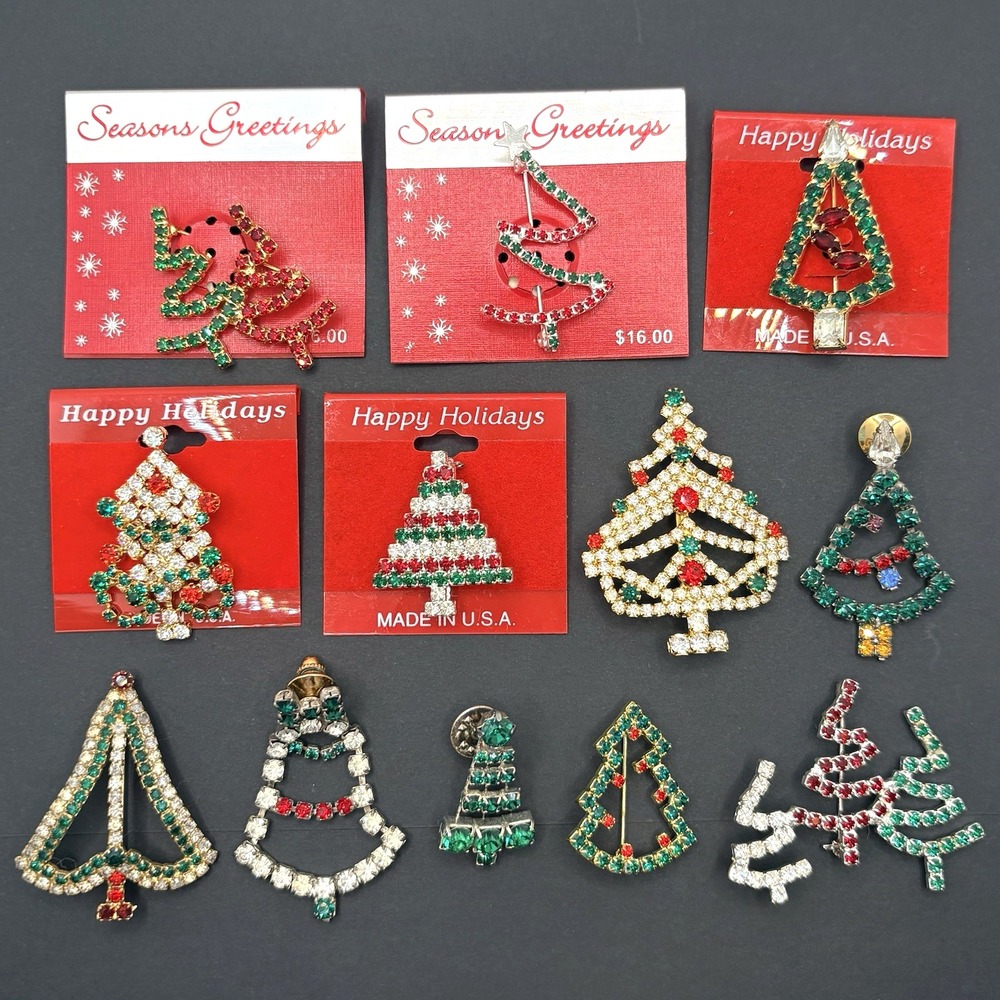 Vintage Christmas Tree Rhinestone Brooches Lot of 12 Holiday Retro Colorful